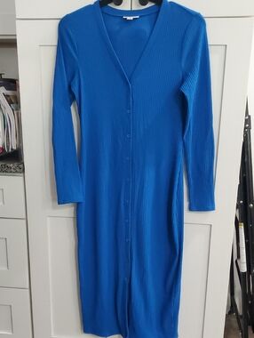 Bar III Ribbed Button-Front Long Sleeve Dress in Bright Blue